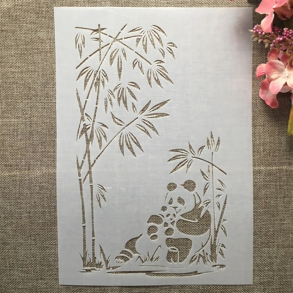 A4 29cm Bamboo Panda and Baby DIY Layering Stencils Wall Painting Scrapbook Coloring Embossing Album Decorative Template