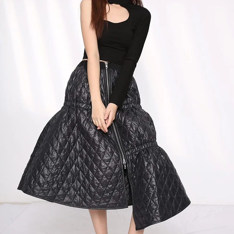 Winter Runway Asymmetrical Thicken Padded Diamond Lattice Skirt Women Fashion Designer High Waist Patchwork Zipper A Line Skirts