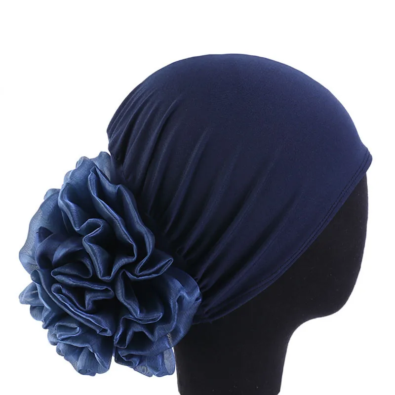 Big Flower Turban Caps for Women Muslim Headwear Bonnet Ready to Wear Solid Color Female Head Wraps Cancer Chemo Cap