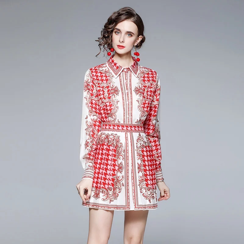 

2021 New Autumn Fashion Runway Two Piece Set Women Casual Flower Plaid Print Shirt Blouse + High Waist Pleated Short Skirt Suits