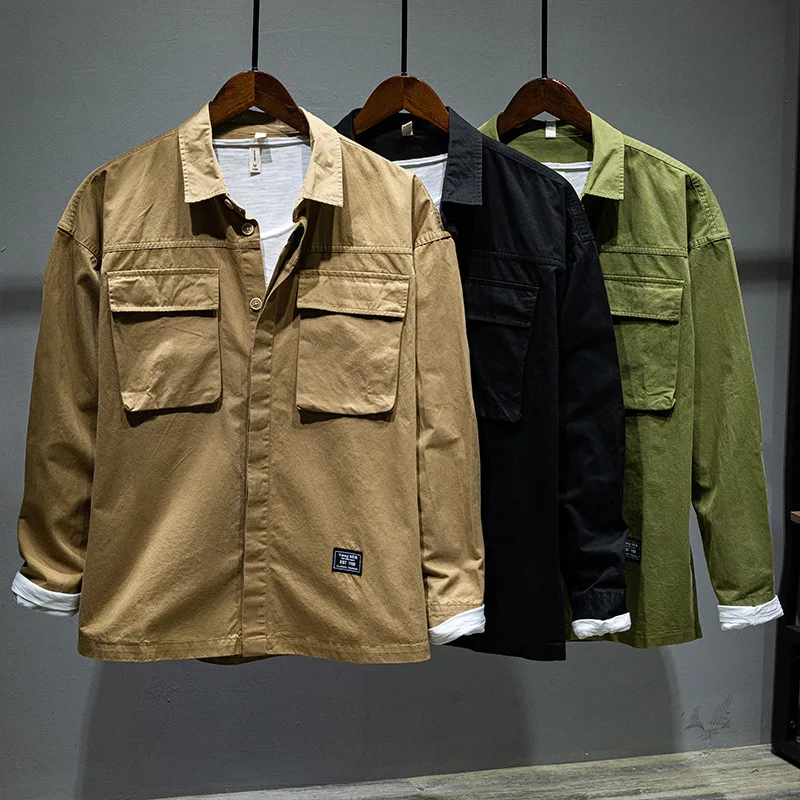 

L504 Autumn Male Trendy Cargo Shirts Cotton Khaki Lapel Vintage Simple Loose Multi-Pocket Outdoor Camping Tooling Men Daily Coat