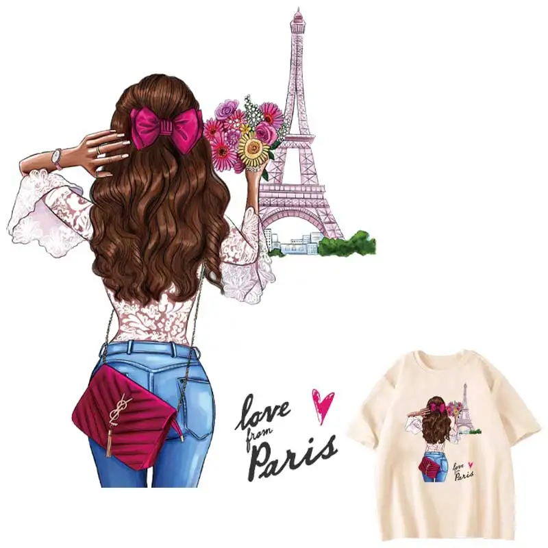 Romantic Paris Patches For Clothes DIY Washable Woman T-Shirts Heat Transfer Thermal Stickers Fashion Girl Iron On Appliqued