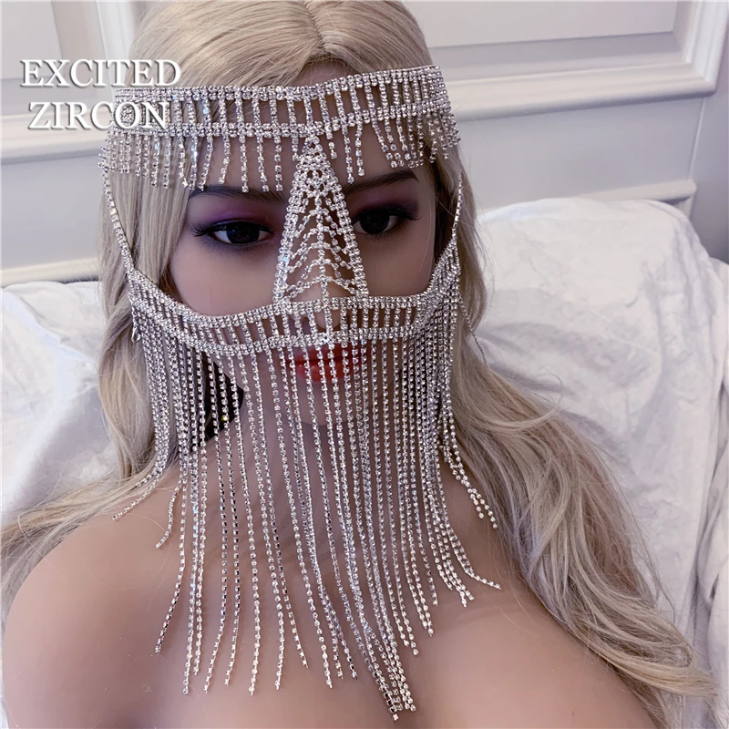 EXCITED ZIRCON Bling rhinestone crystal luxury tassel headdress face jewelry mask bride wedding fashion jewelry woman party