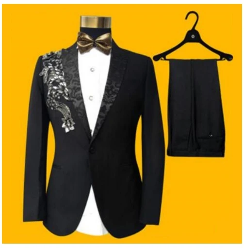 Embroidery Flower Blue Black Wedding Suit (Jacket+Tie+Pants) Three Pieces Set Men's Suits Singer Performance Stage Show Sequins