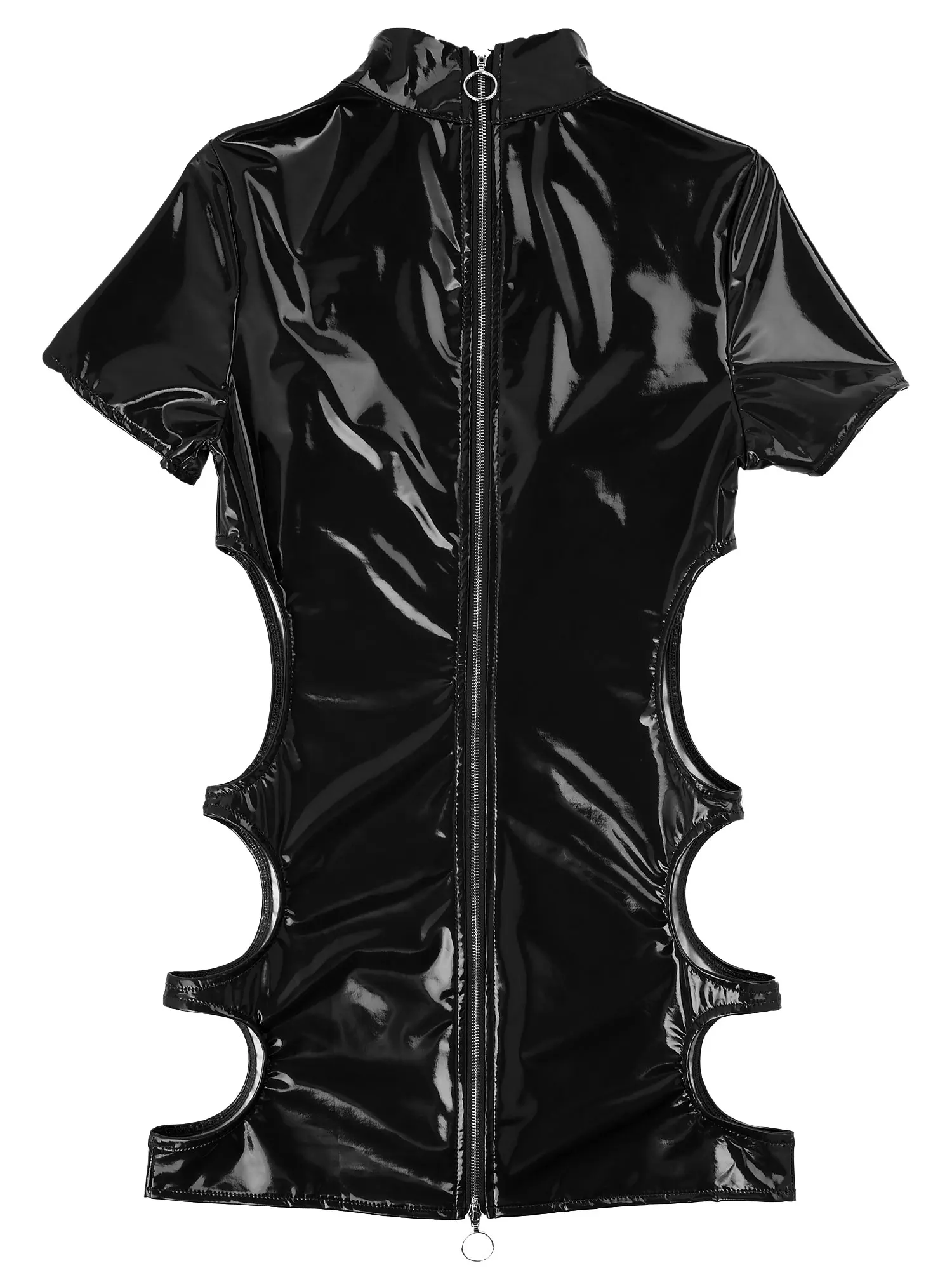 Womens Latex Clubwear Faux Leather Bodycon Mini Dress Wet Look Rave Bar Party Costume for Pole Dancing Zipper Back Mini Dress