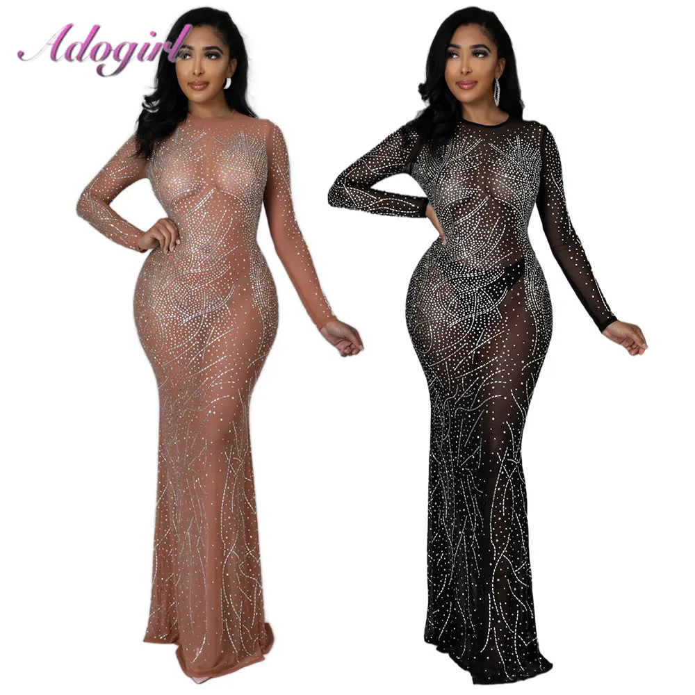 

Elegant Rhinestones Patchwork Sheer Mesh Floor Length Long Dress Women Sexy Long Sleeve See Through Evening Party Club Dresses
