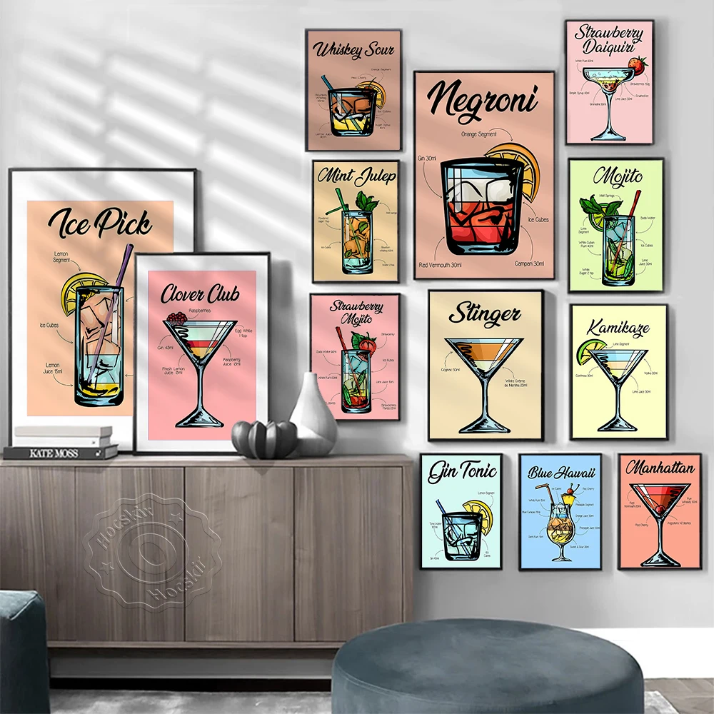 

Cocktail Poster, Blue Lagoon Cuba libre Mai Tai Gin Tonic Mojito Ice Pick Stinger Mint Julep Wall Stickers, Bar Pub Club