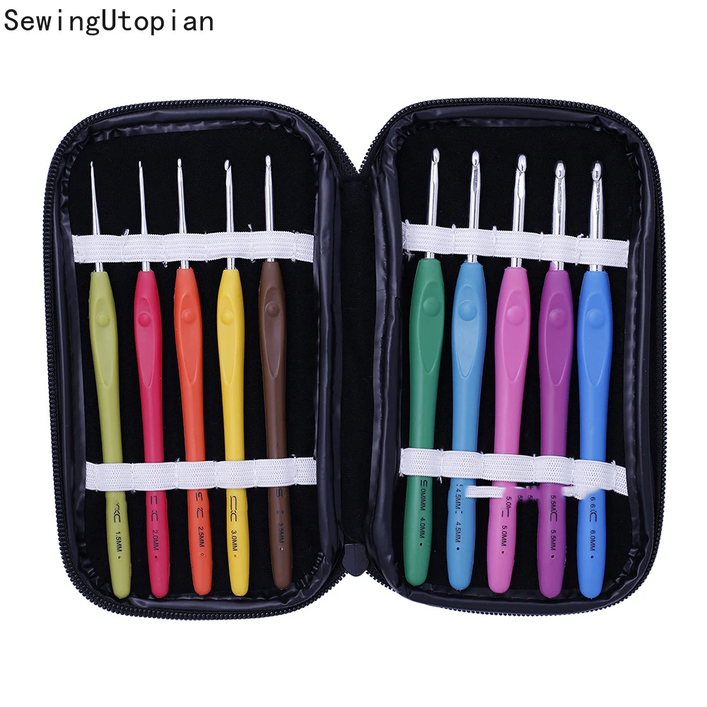 10PCS 1.5-6.0mm Crochet Hook Aluminum Ergonomic Crochet Needles with Colorful Soft Rubber Grip Cushioned Handles Needles