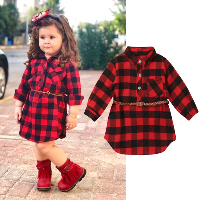 Lioraitiin 1-5Years Toddler Baby Girls New Christmas Long Shirt Dress Tops Long Sleeve Red Plaid Straight Knee-Length Dress Belt