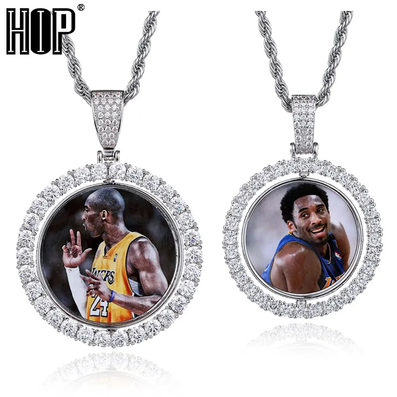 Hip Hop Custom Made Photo Round Rotating Double-sided Iced Out Bling Cubic Zircon Necklace&Pendant For Men Jewelry Tennis Chain