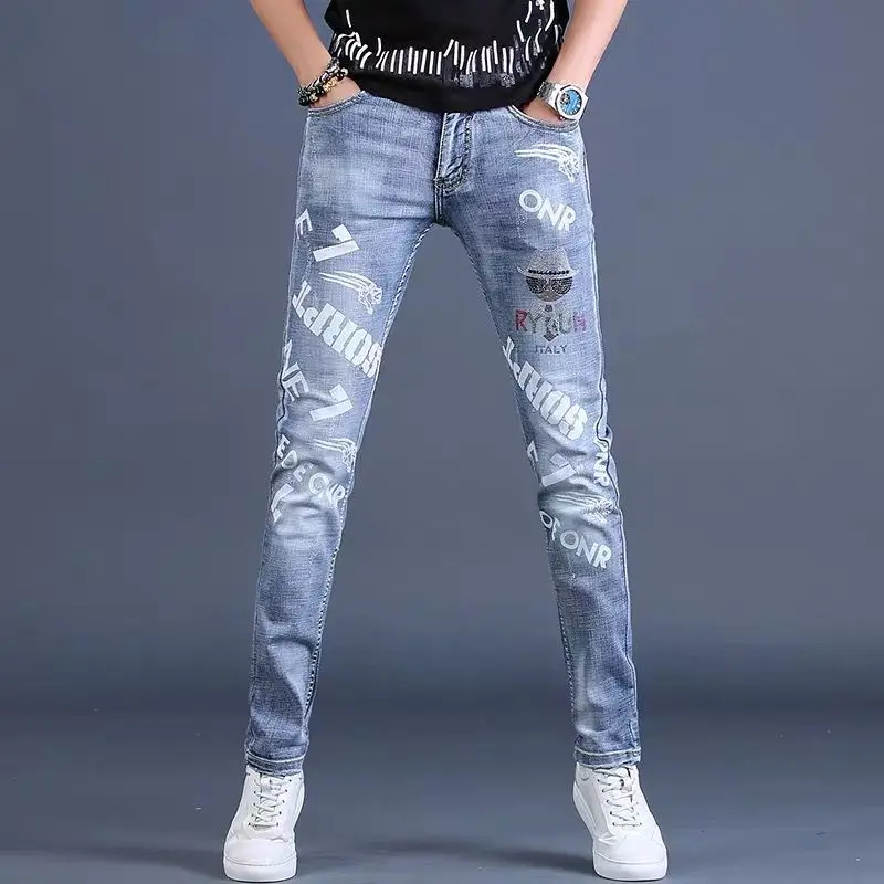 Korea Version Men’s Blue Jeans, High Quality Slim Stretch Jeans,Light Luxury Print Jeans, Stylish Sexy Street Jeans;