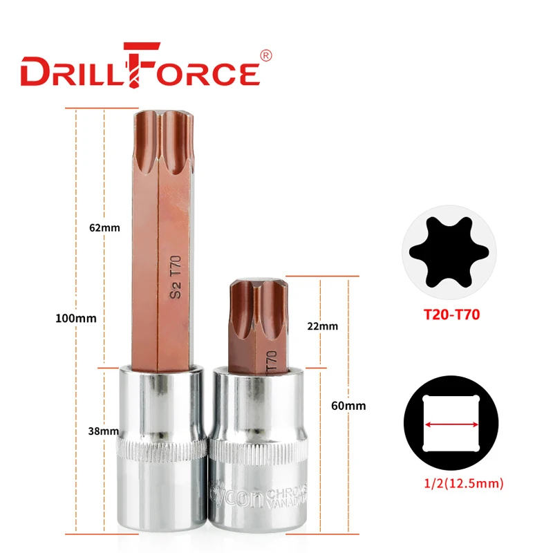 Drillforce 1/2 "ไดรฟ์ซ็อกเก็ต Torx Bit S2อะแดปเตอร์ Spanner ประแจเครื่องมือ T20/T25/T27/T30/T35/T40/T45/T50/T52/T55/T60/T70