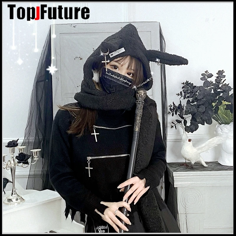 Japanese Harajuku Y2K Girls Long Rabbit Ear Hat Gothic Black Cross Chain Lambswool Winter Warm Hooded Scarf Caps Streetwear Hats