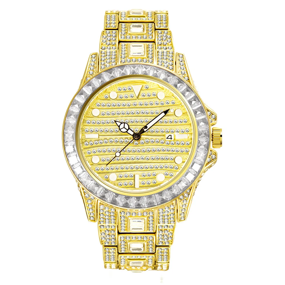 Hip Hop Mens Watches Luxury Date Quartz Wrist Watches Micro Pave CZ Watch Link Chain Bracelet For Men Jewelry Gold Color Rose