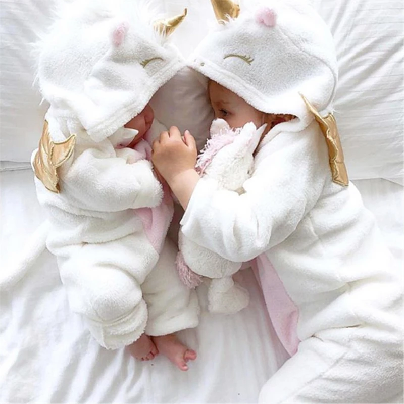 Autumn Winter Toddler Newborn Baby Girl Clothes 3D Unicorn Printed Flannel Long Sleeve Warm Rompers Jumpsuit Outfits