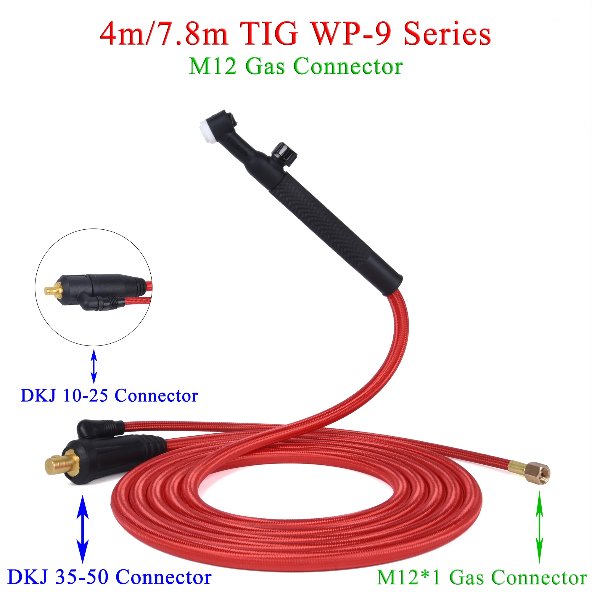 4M/13ft 7.8M/25.6ft WP9F 9FV Hàn TIG Đèn Pin Ống Mềm Cáp Dây M12 * 1mm Khí Cổng Kết Nối DKJ 10-25 35-50 Cổng Kết Nối Điện