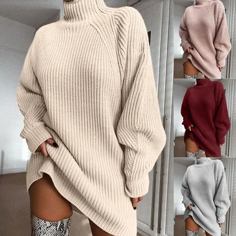 Women\'s Turtleneck Long Sleeve Sweater Dress, Loose Tunic, Knitted Casual Dresses, Pink Gray Clothes Monochromatic Autumn Winter