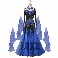 Ballroom Dance  Standard Skirt Competition  Costumes Performing Dress Customize Adult Children Blue Embroidered Black