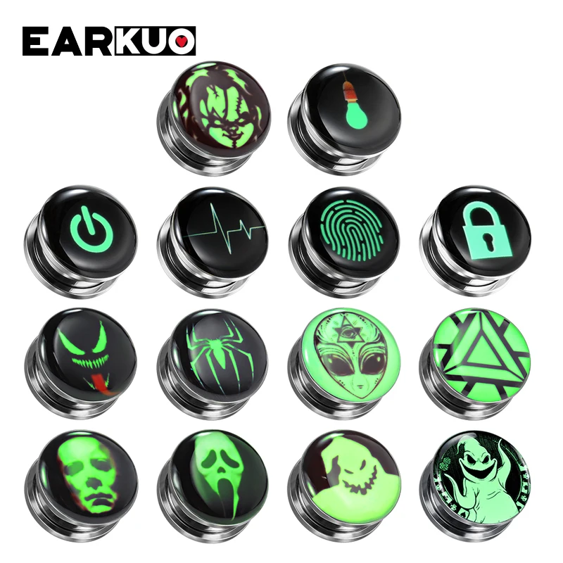 EARKUO Fancy Popular Stainless Steel Luminous Ear Gauges Plugs Stretchers Piercing Body Jewelry Earring Expanders 2PCS 6-30mm