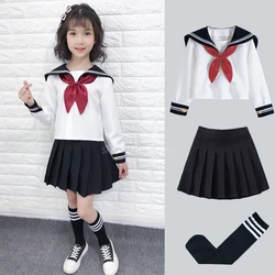 Kid JK Sailor Dress 4PCS Girl Japanese Korean Orthodox School Uniform Pleated Skirt Navy Long Short Sleeve Kawaii Suit Anime COS