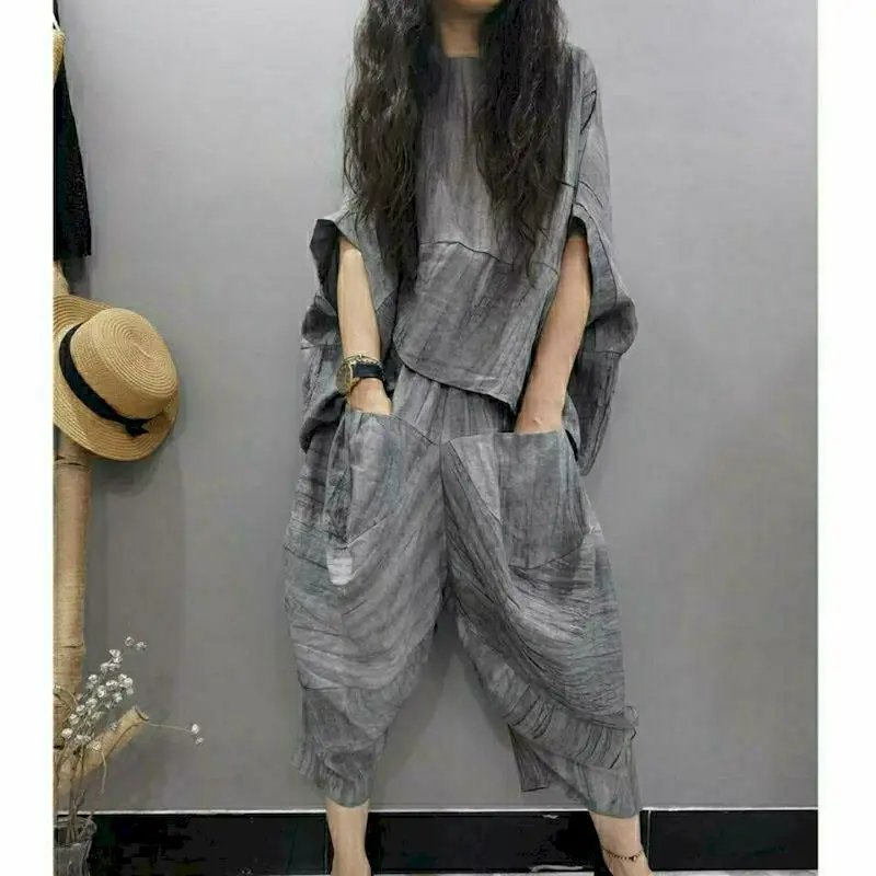 2024 Women\'s Suits Original Designer Style Pure Linen Suit Loose Irregular T-shirt Harem Pants Zen Two Piece Sets Summer Suits