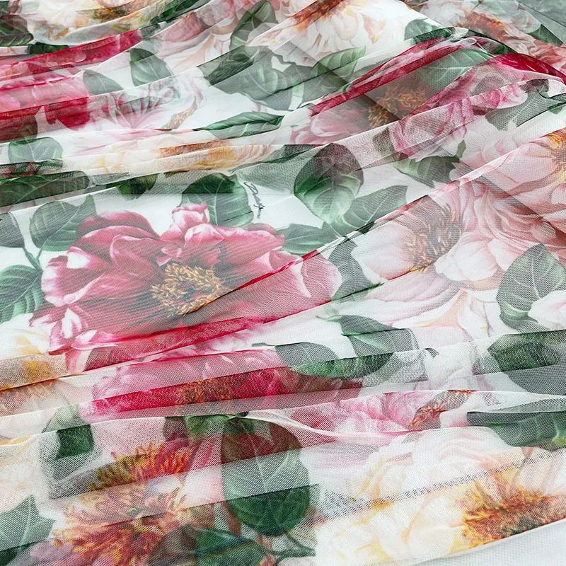 Luxury Brand Peony Flower Print Polyester Mesh Fabric Thin Spring Summer Vacation Fashion Clothing Fabric Cloth for Dress Meter