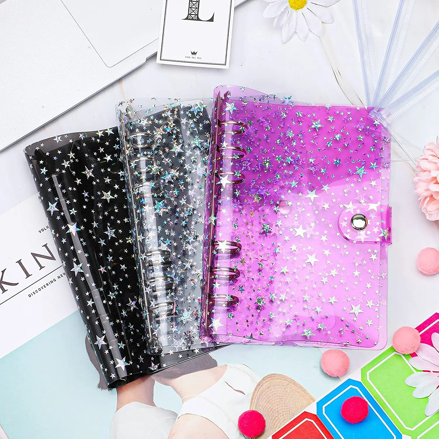 A6 Notebook Binder Cover Star PVC Soft 6-Ring Folders with Snap Button Closure for Journal Planner Office Stationery Supplies