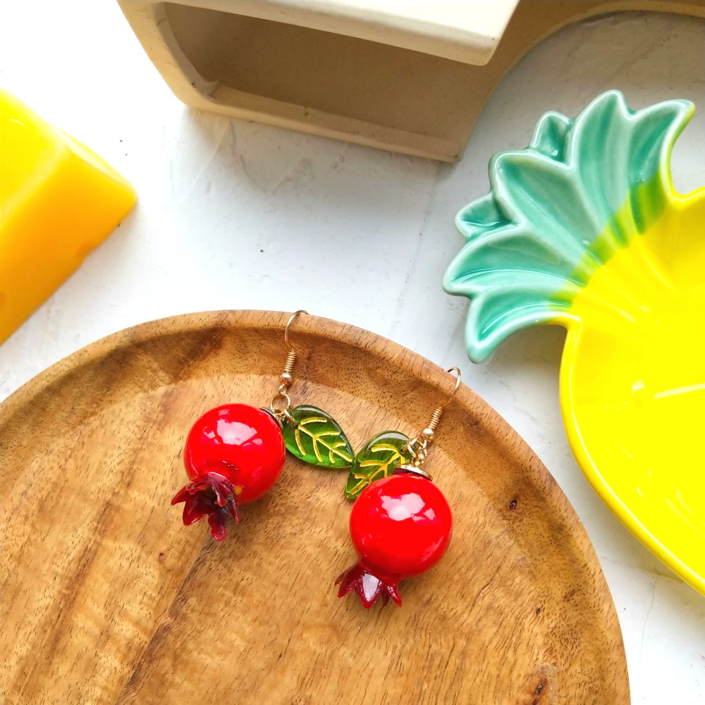 Silver Steel needle ear clip earrings red  cute pomegranate earrings jewelry fruits for girls