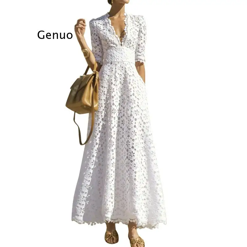 Elegant White Maxi Dress for Women V Neck Half Sleeve High Waist Hollow Out Slim Dresses Women 2020 Autumn New Style Fashion