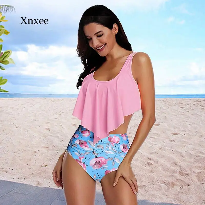 Bikini de cintura alta con volantes para mujer, traje de baño informal con estampado para playa, Tankini, ropa de baño 2021