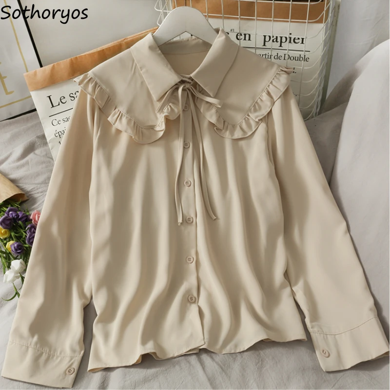 Shirts Women Long Sleeve Kawaii Peter Pan Collar Solid All-match Trendy Elegant Sweet Ruffles Casual Single Breasted Ulzzang New