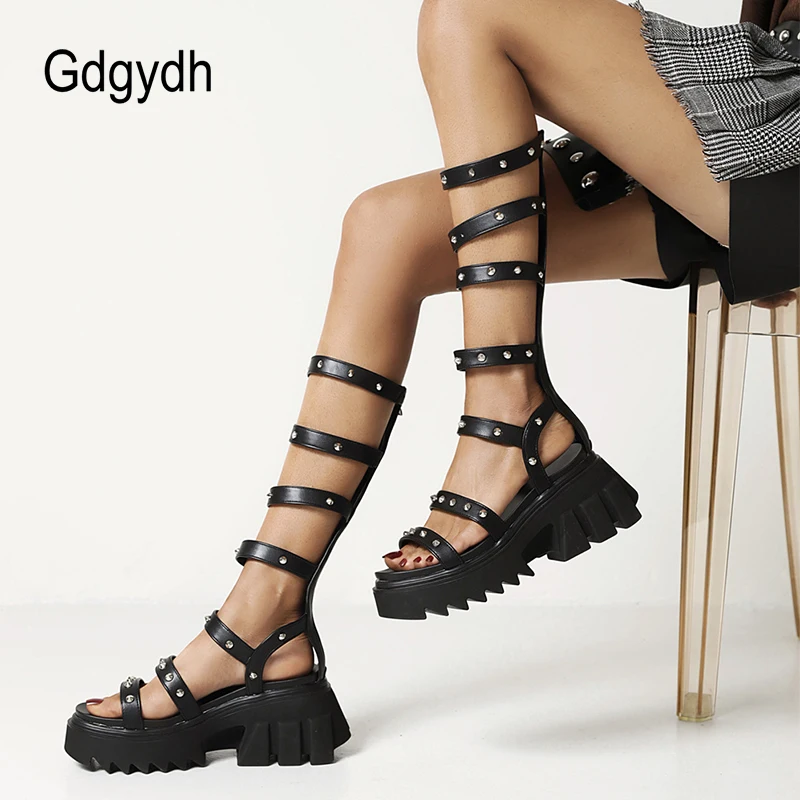 Gdgydh Street Style Roman Knee High Gladiator Sandals Women Rivet Platform Chunky Heels Punk Rock Gothic Shoes Zipper Comfort