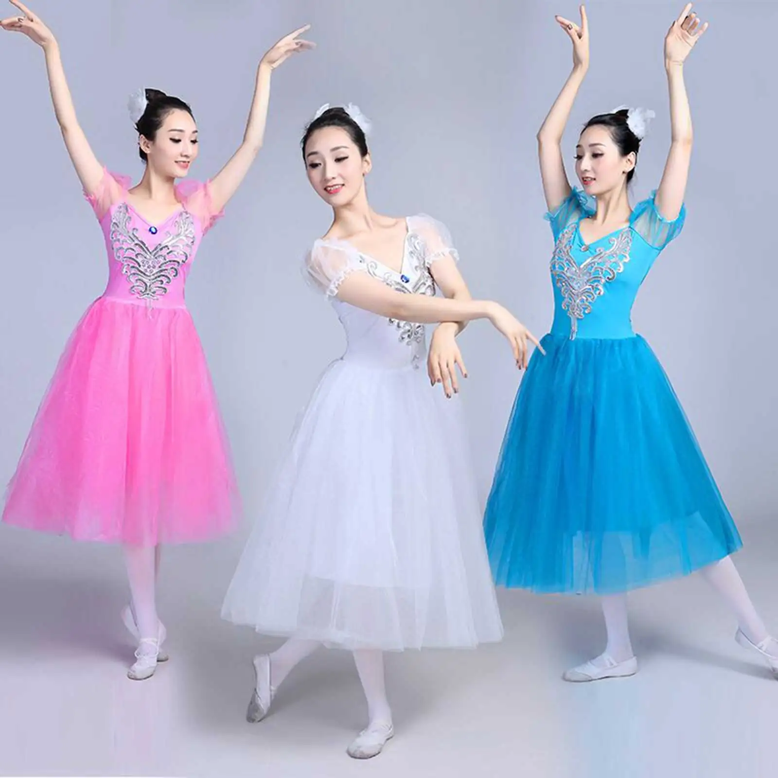 Women Ballet Dress Puff Sleeves Long Tulle Swan Lake Tutu Romantic Ballroom Stage Performance Ballerina Leotard Dance Costume