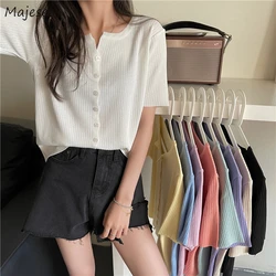 Short Sleeve T-shirts Women Candy Color Knitted Button Loose All-match Summer Students Leisure Daily Tops Female Lady Elegant