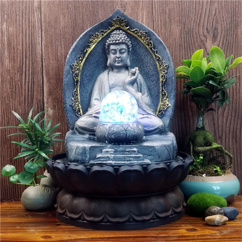 Resin Lotus Base Buddha Statue Waterscape Lucky Feng Shui Ornament Indoor Led Water Fountain Desktop Furnishings Air Humidifier