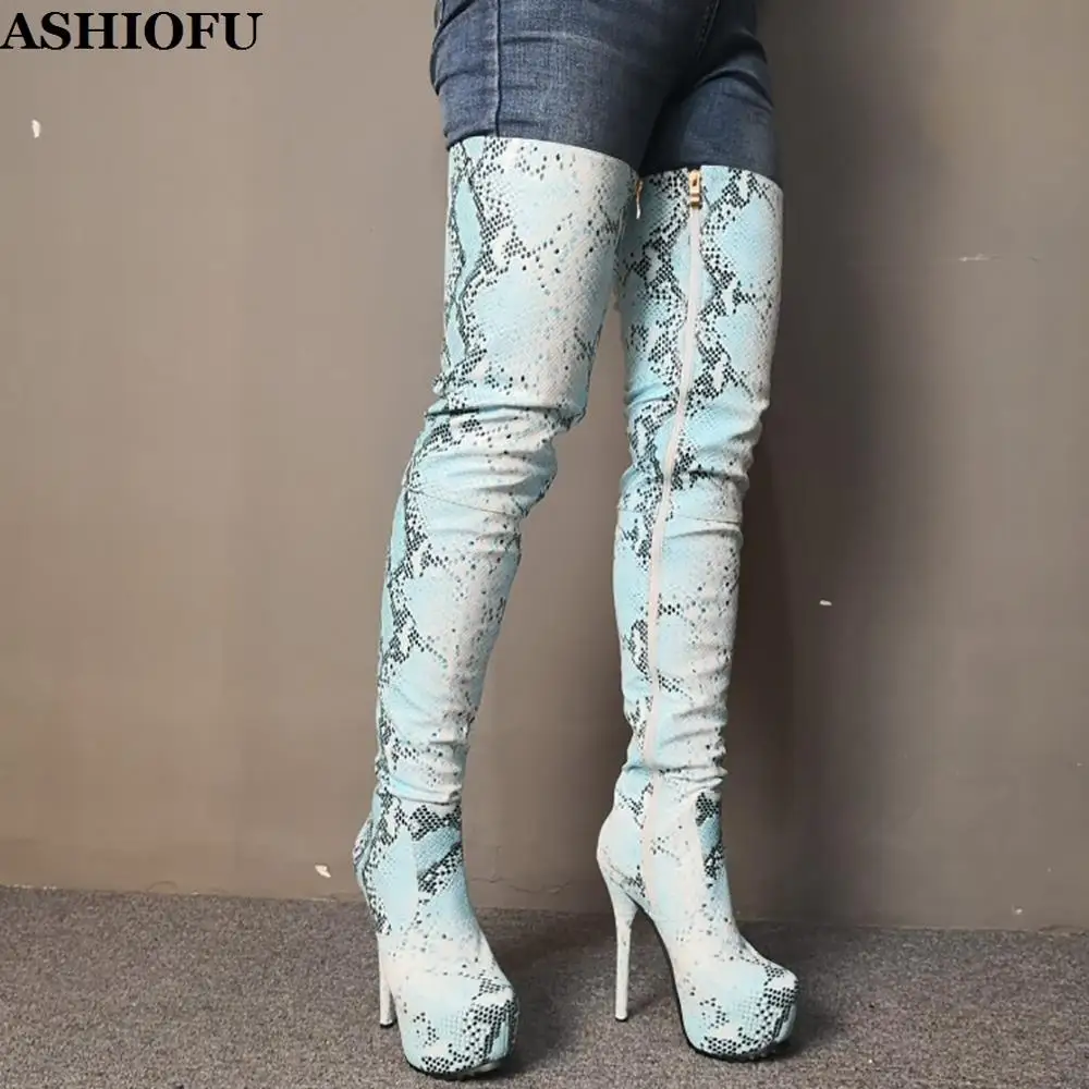 

ASHIOFU New Hot Sale Ladies Thigh High Boots Faux-snake Leather Platform Over Knee Boots Winter Sexy Evening Fashion Long Boots