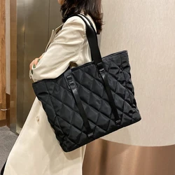 Womens Large Capacity Nylon Tote Bag Vintage Quilted Pattern Solid Color Office Work Travel Casual Shoulder Handbag Purse with