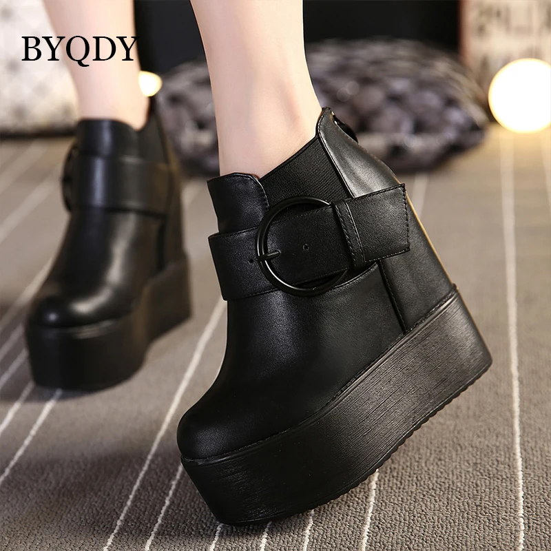 BYQDY Metal Buckle PU Leather Short Boots Woman Shoes Lolita Ankle Black Rubber Footwear Platform Wedges High Heels Female Boot