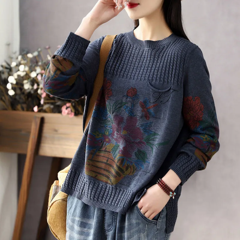 2022 Spring New Ice Silk Sweater Retro Fashion Women\'s Round Neck Sweater Long-Sleeved Loose Printed Knit Sweater Women Pullover