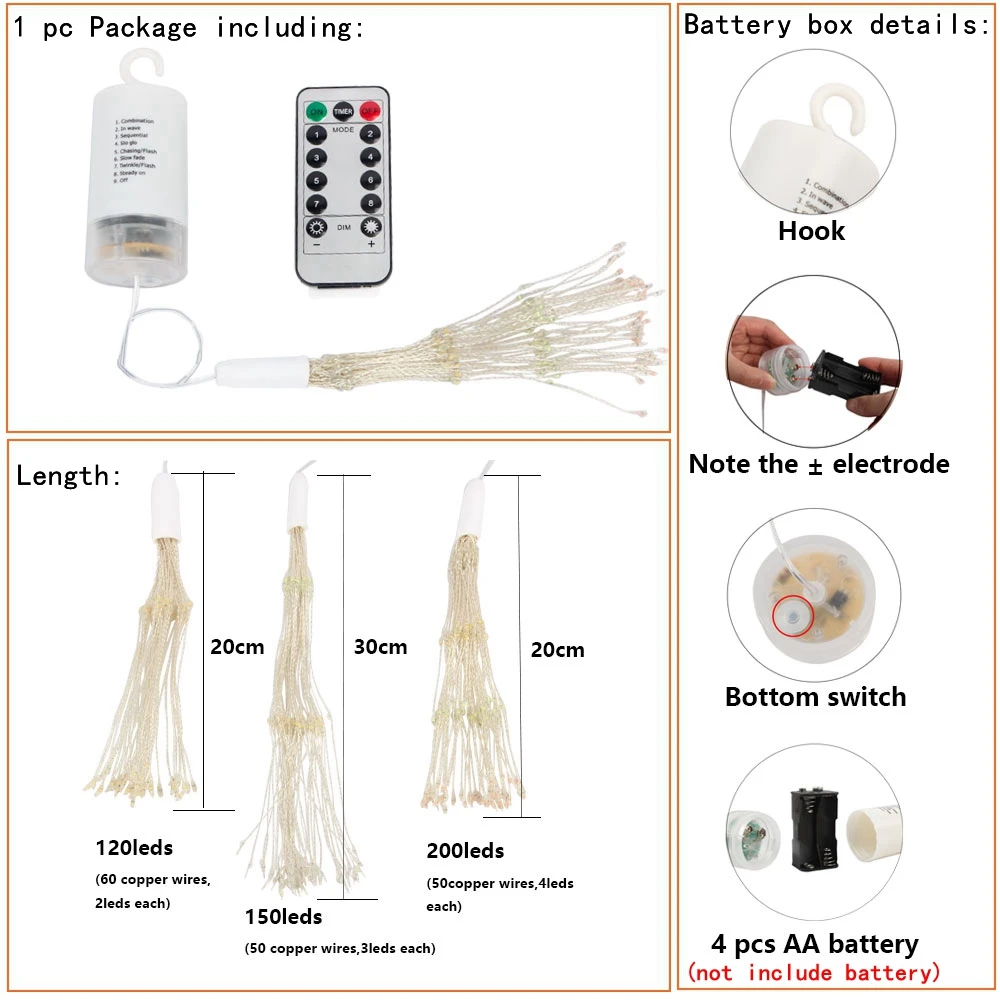 200 conduziu a lâmpada pendurada do starburst, luzes diy do fogos de artifício, guirlanda do Natal, decoração do festival, controlo a distância