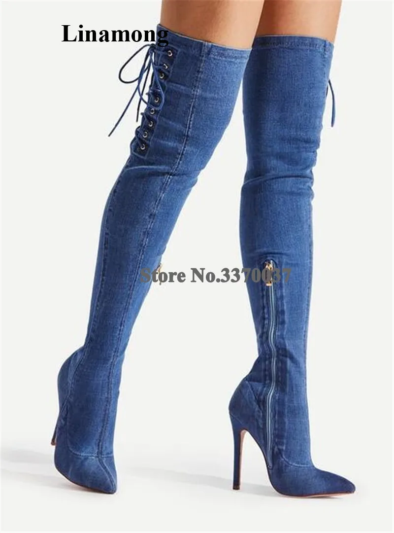 Newest Sexy Women Pointed Toe Over Knee Stiletto Heel Denim Gladiator Boots Side Lace-up Slim Style Long HIgh Heel Boots Heels