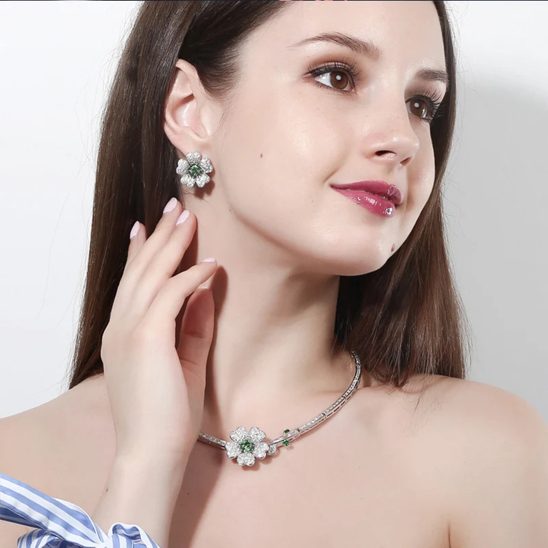 Pera Trendy Rose Red Cubic Zirconia Setting Lovely Flower Earrings and Pendant Necklace Sets for Women CZ Costume Jewelry J139