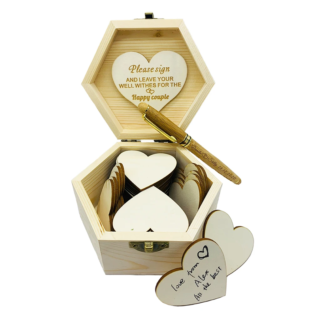 Personalized Wedding guest book with hearts Custom name date Wooden Keepsake Hexagon Box Bamboo Pen wedding Decor