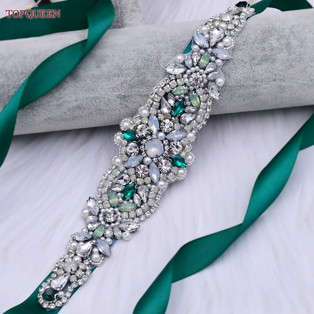 TOPQUEEN S452 Emerald Diamond Belt Green Rhinestone Belt for Wedding Ribbon Belt Wedding Accessories Party Dress Belts Girdles