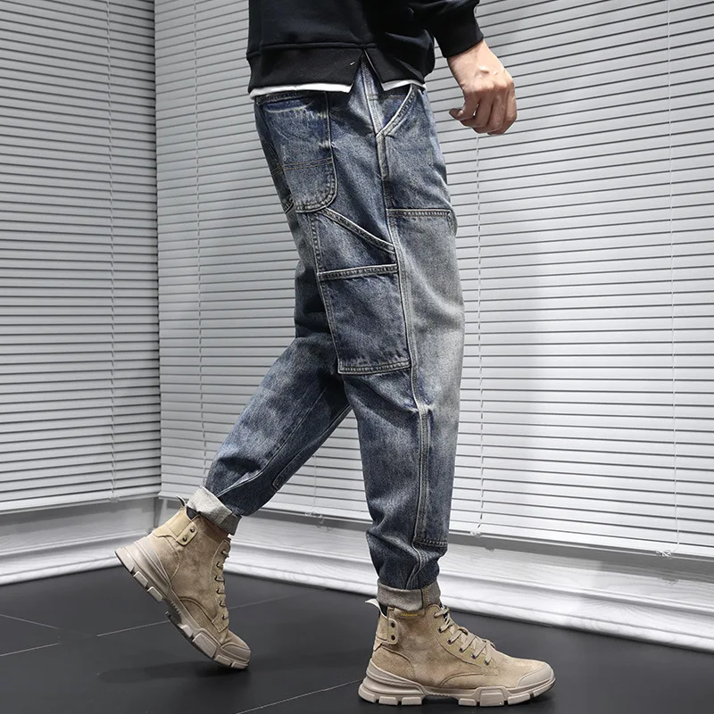 Autumn and winter 2021 brand cowboy cargo tooling jeans men\'s Korean loose large size retro feet teenager Harlan straight pants
