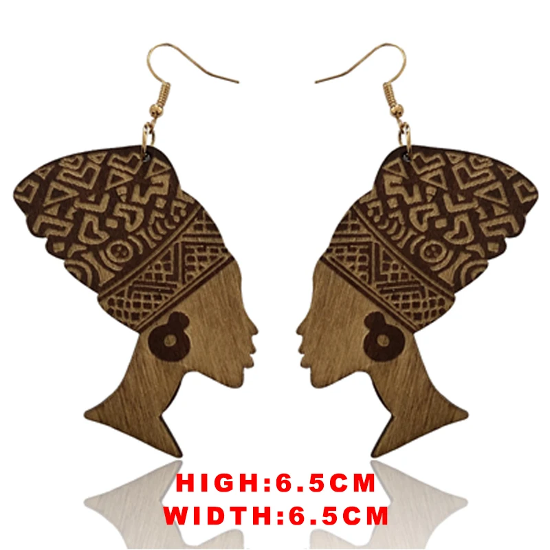 VOIKUKKA Jewelry Portrait Sculpture Head Wrap Laser Cutting Engraving Wooden Women Drop Dangle African Women Cute Earrings
