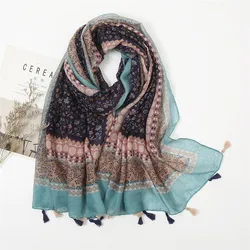 Châle en Viscose avec Pompon Floral pour Femme, Bohème, Hijab Musulman, Haute Qualité, Rond Pashmina, Étole, Écharpe, Marque de Luxe, Nouvelle Mode, 180x90cm