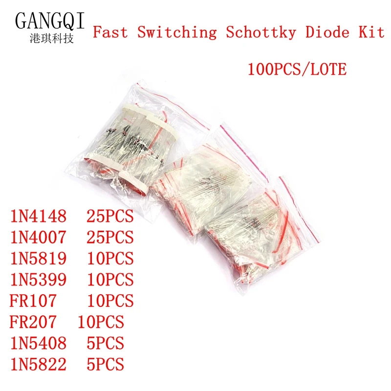 100pcs 8values Fast Switching Schottky Diode Kit Set 1N4148 1N4007 1N5819 1N5399 1N5408 1N5822 FR107 FR207 Electronic Components