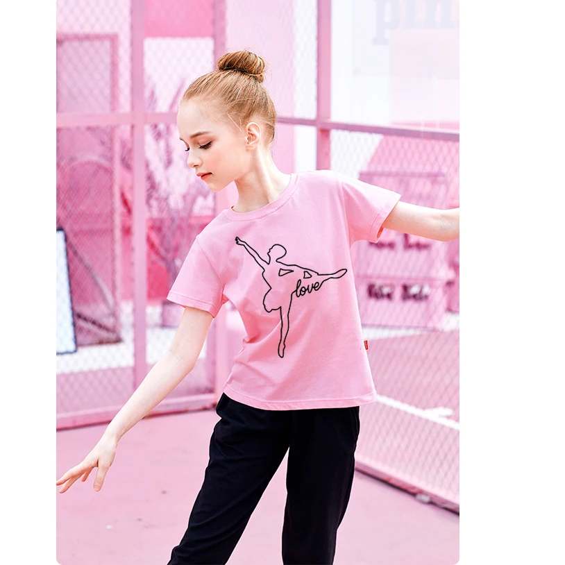 Girls Soft Printing Ballet Dance T Shirts Summer Kids Solid Color Dance T Shirts Short Sleeve Clothes for Dance Training