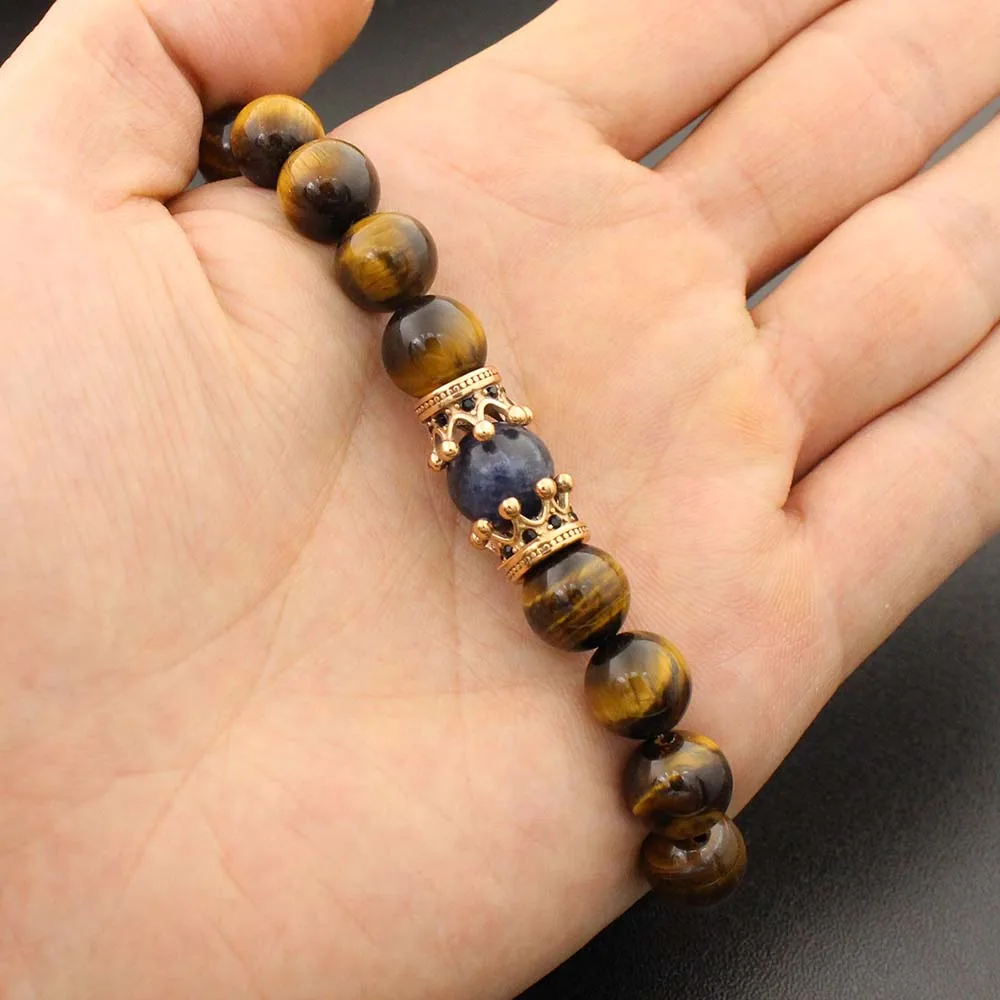 Natural Stone 10mm Bead Stretch Bracelet Stainless Steel Rose Gold Crowns Stone Eagle Tiger Eye Bead Bracelet for Men Women